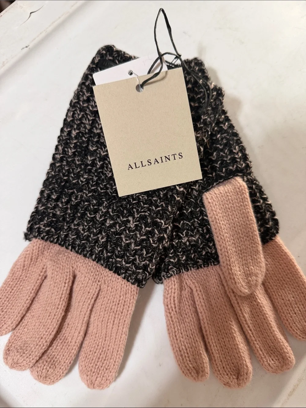 AllSaints Two-Tone Black & Blush Knit Gloves